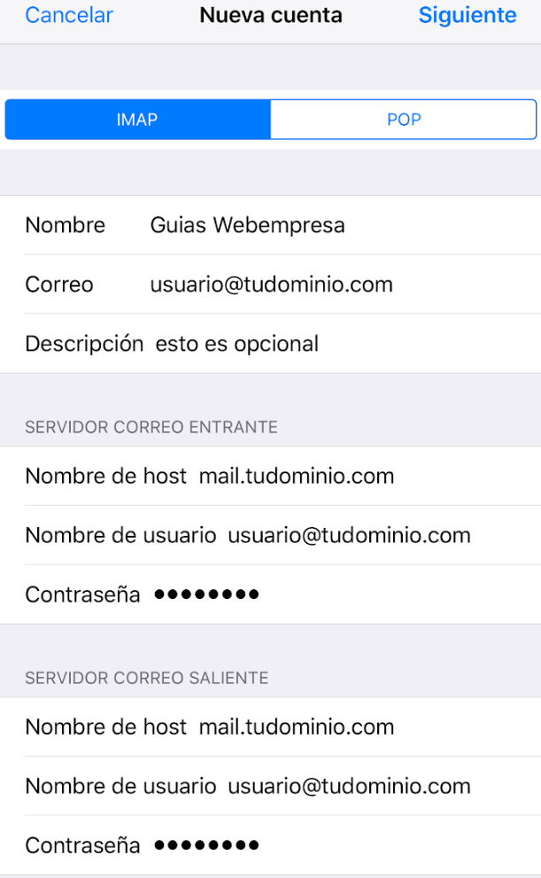 Configurar una cuenta de correo de cPanel en Mail de iPhone - Paso 4